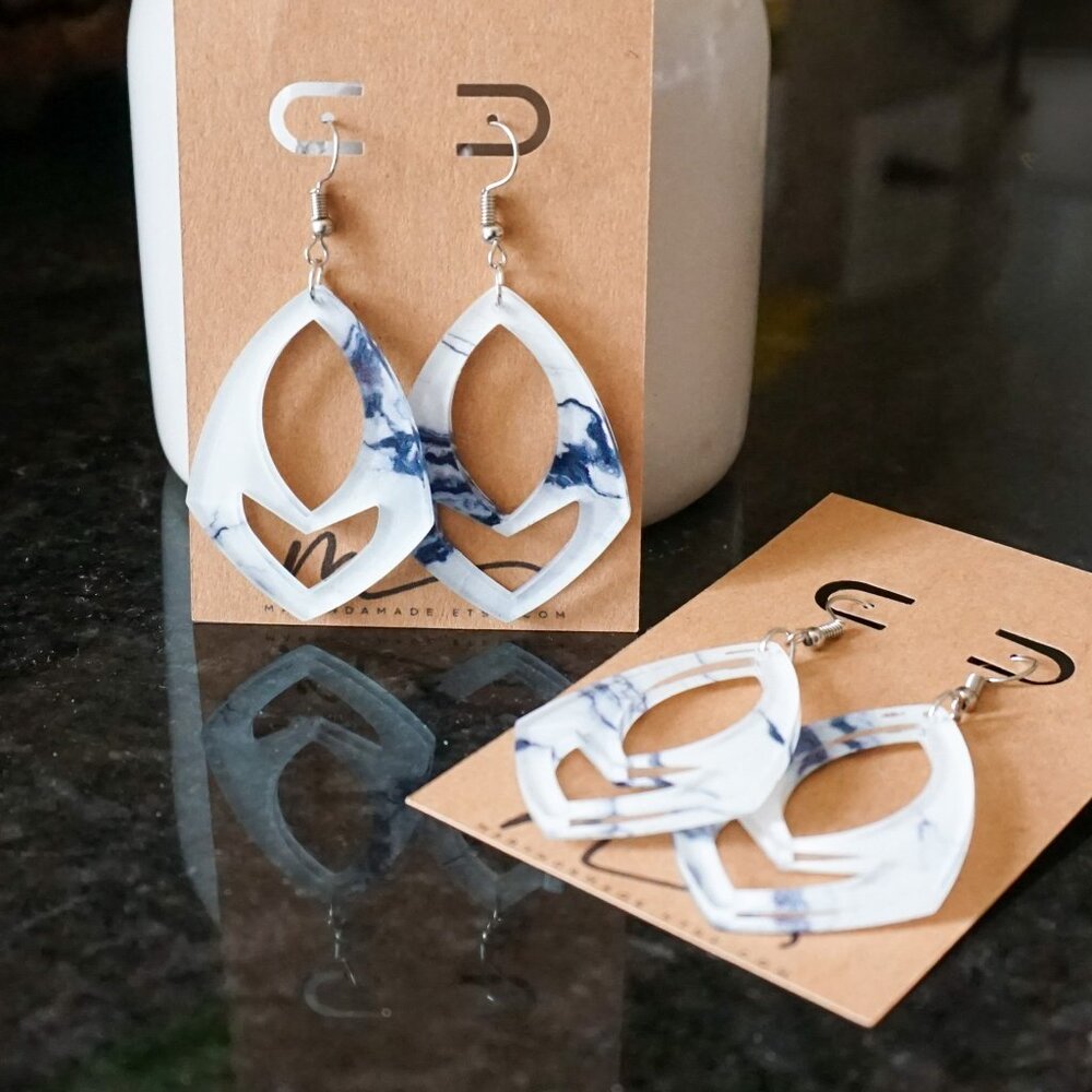 White Marble Acrylic Earrings – Lightweight Geometric Dangles – Modern Teardrop